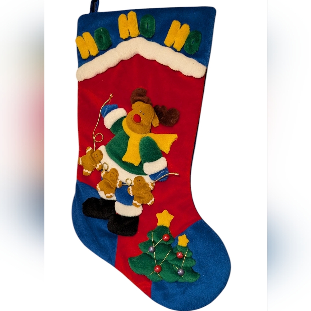 Vintage Velour Reindeer Plush Christmas Stocking Applique HO HO HO